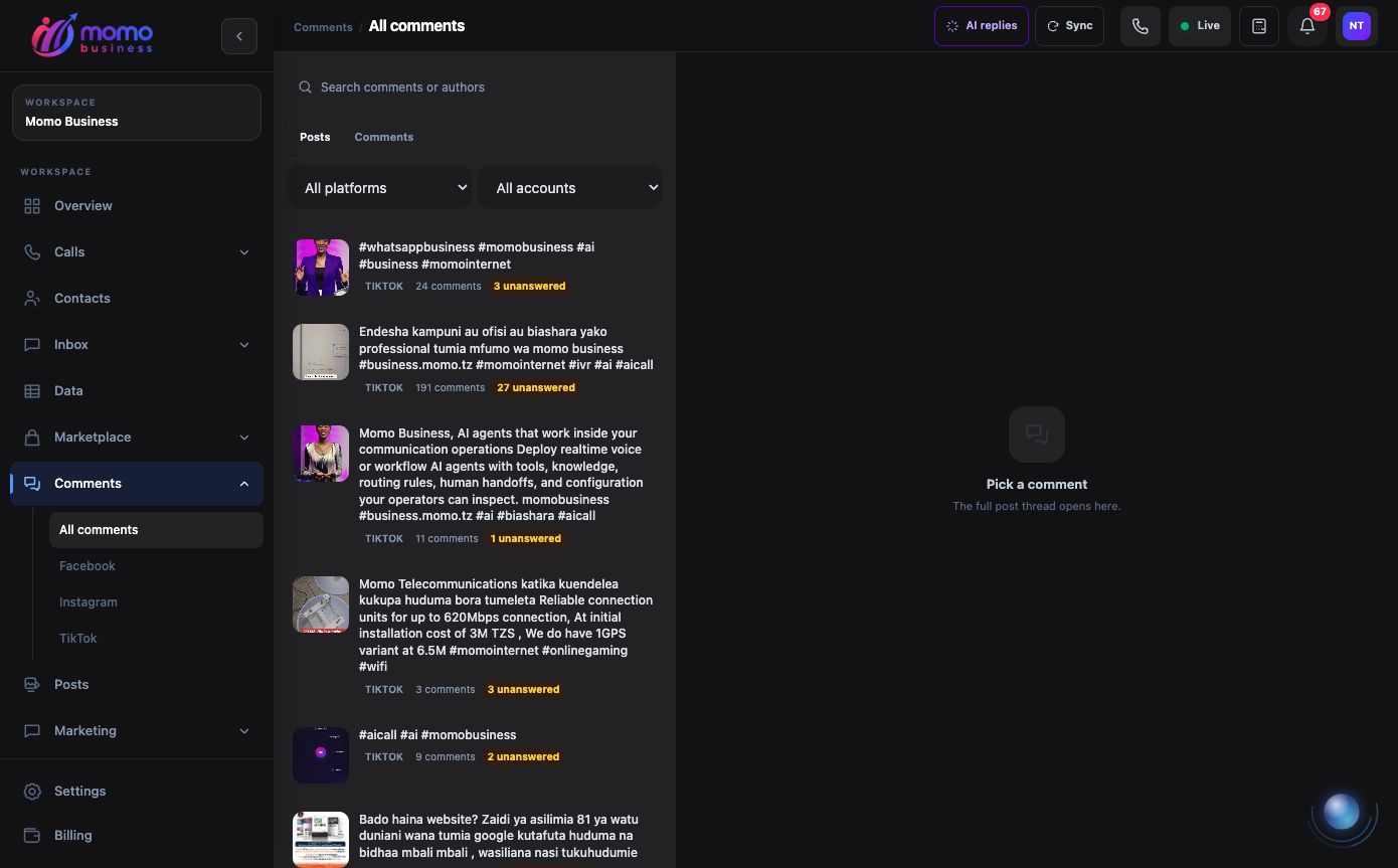 The Momo Business Comments workspace, showing public posts, platform filters and unanswered-comment counts