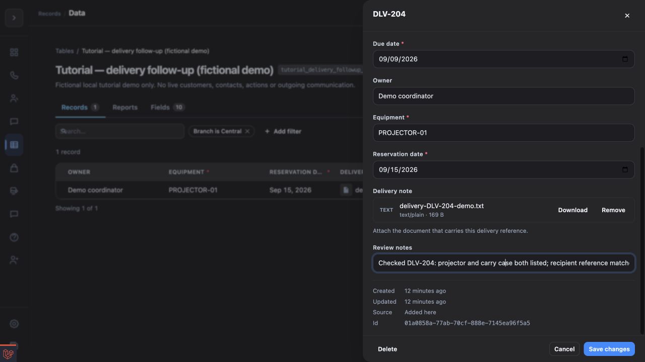 A fictional Data record's Details drawer showing a document attached to its File field