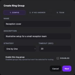 Create Ring Group configuration panel with name, strategy, timeout and enabled controls.