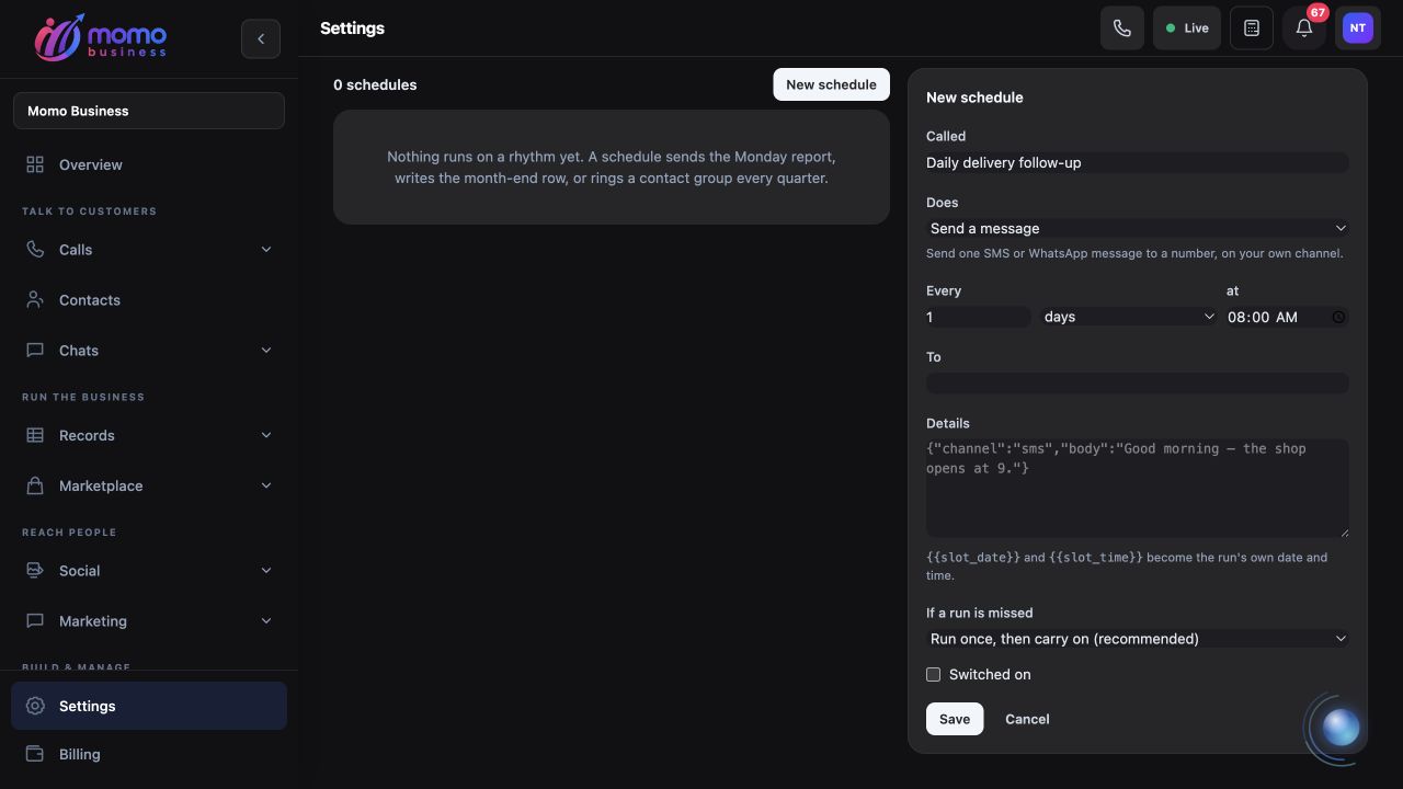 Unsaved New schedule form with action details and Switched on unchecked