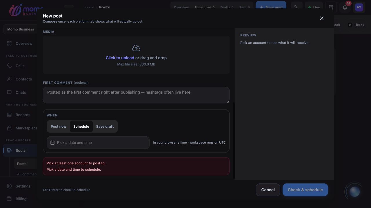 Post composer showing Schedule mode and publication date and time controls