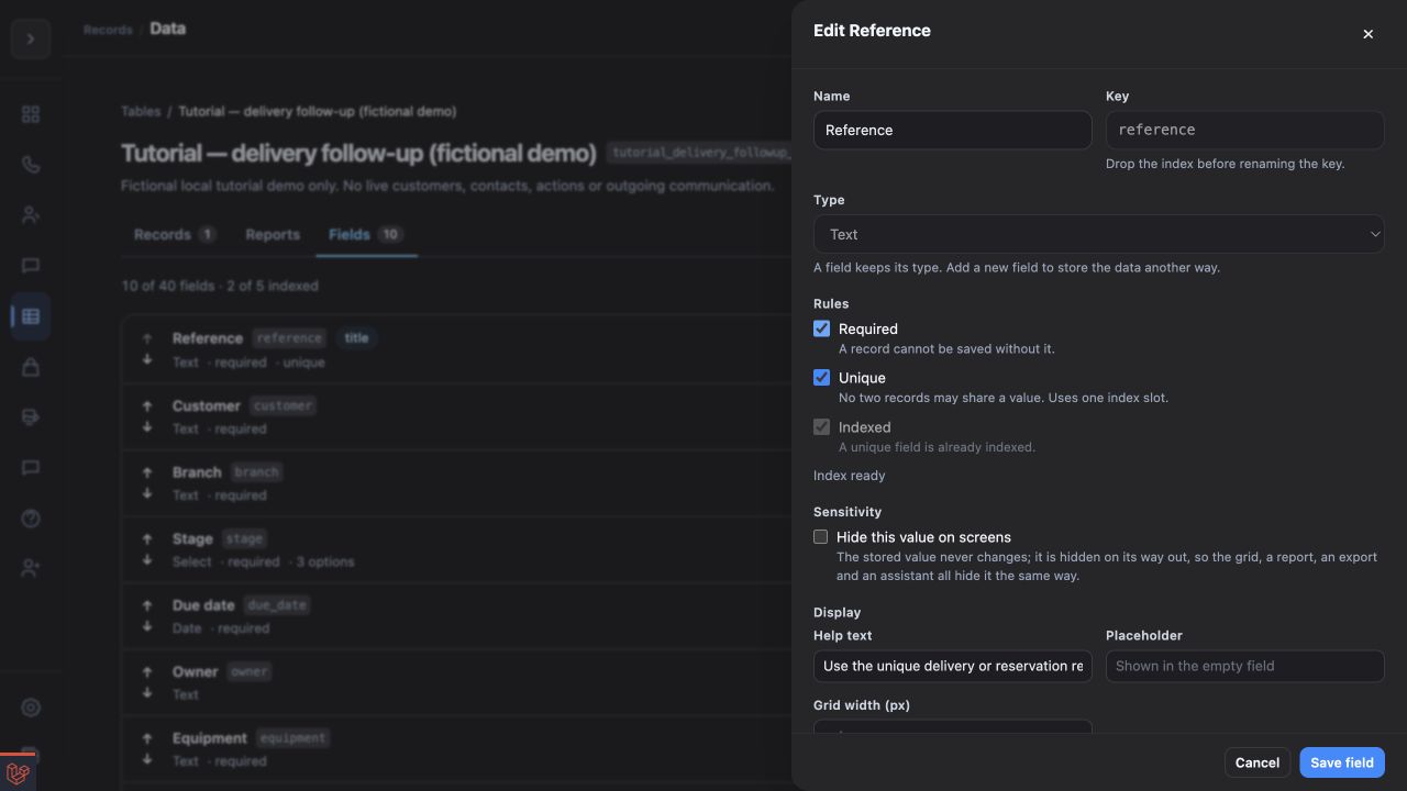 The Data field editor showing Required, Unique and Indexed rules for a table field